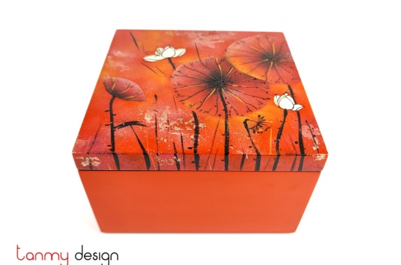 Orange square lacquer box hand painted with lotus pond 20*H12 cm